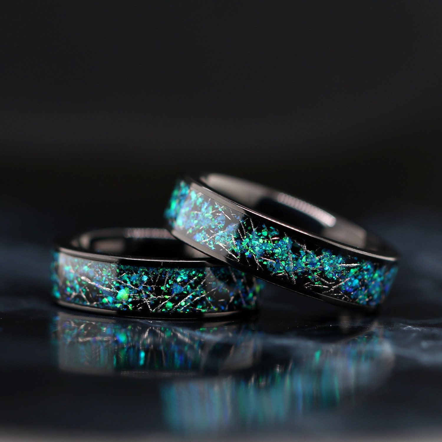 His and her 3 piece meteorite opal ring set stainless
