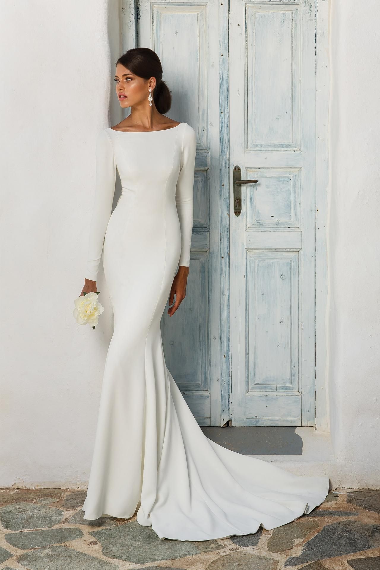 Bateau white satin mermaid wedding dress with long sleeves