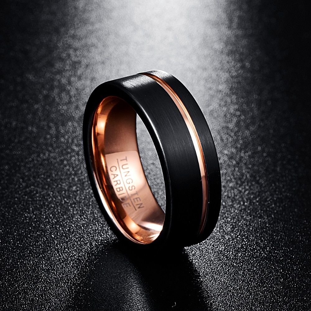 Black and rose gold tungsten mens wedding bands 8mm in